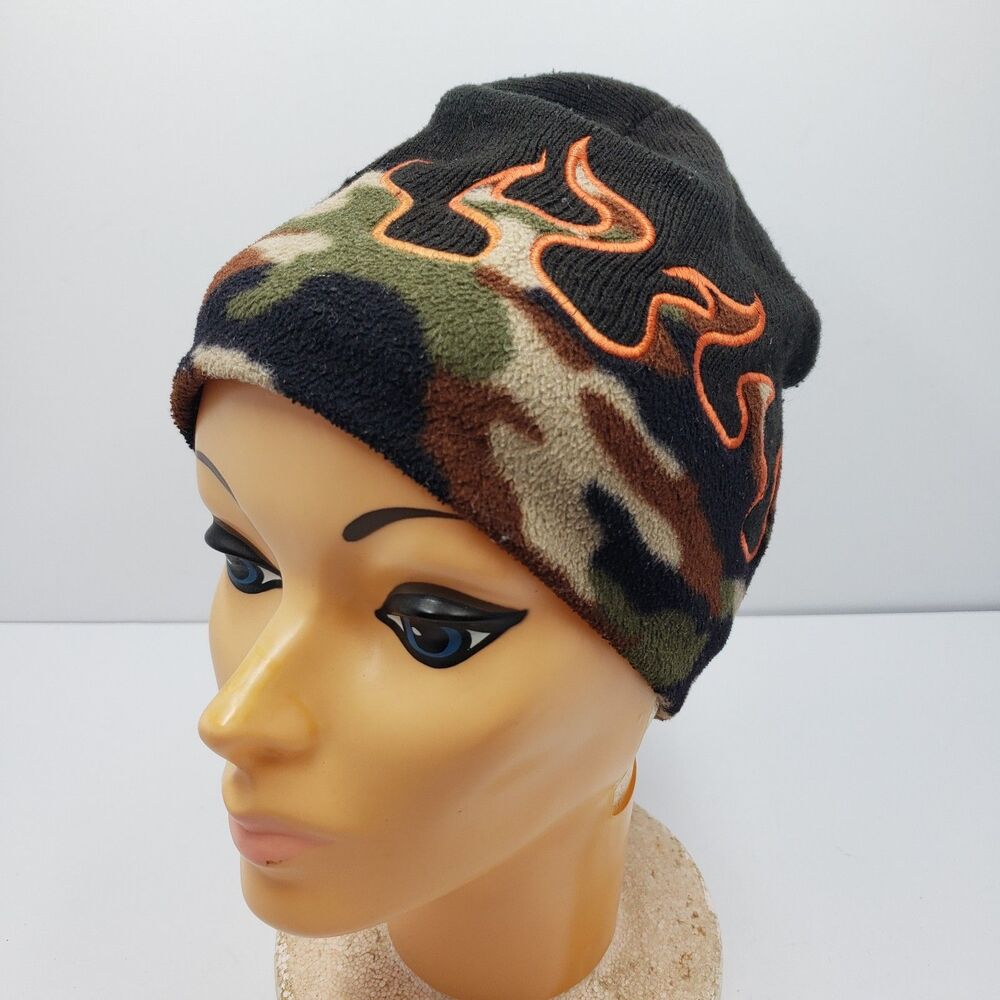 Camouflage Flame Knit Beanie Hat - Black & Green